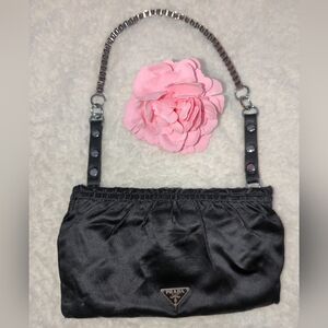 Prada Black Satin Pouch Authentic Converted To Shoulder Bag Edgy Silver Chain